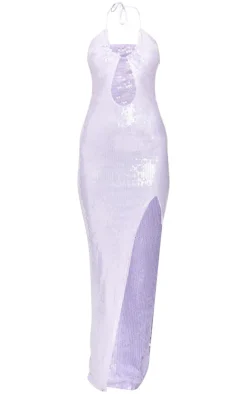Purple Sequin Tie Neck Cut Out Maxi Dress
