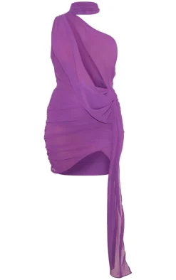 Purple Sheer Chiffon Ruched Detail Asymmetric Drape Bodycon Dress