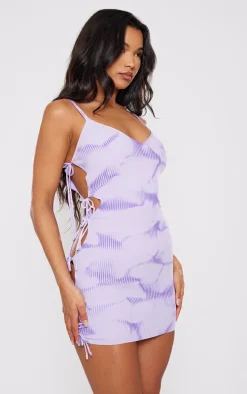 Purple Tie Dye Rib Knit Lace Up Mini Dress