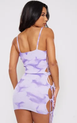 Purple Tie Dye Rib Knit Lace Up Mini Dress