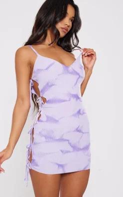 Purple Tie Dye Rib Knit Lace Up Mini Dress
