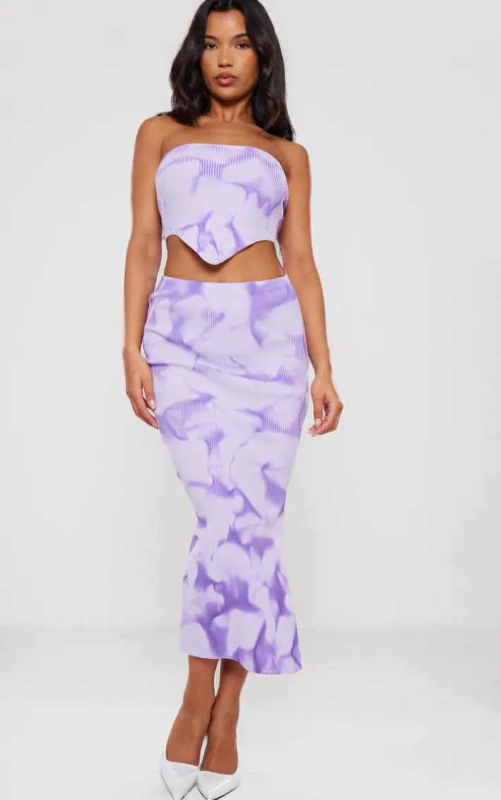 Purple Tie Dye Rib Knit Side Split Maxi Skirt