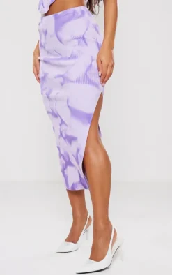 Purple Tie Dye Rib Knit Side Split Maxi Skirt