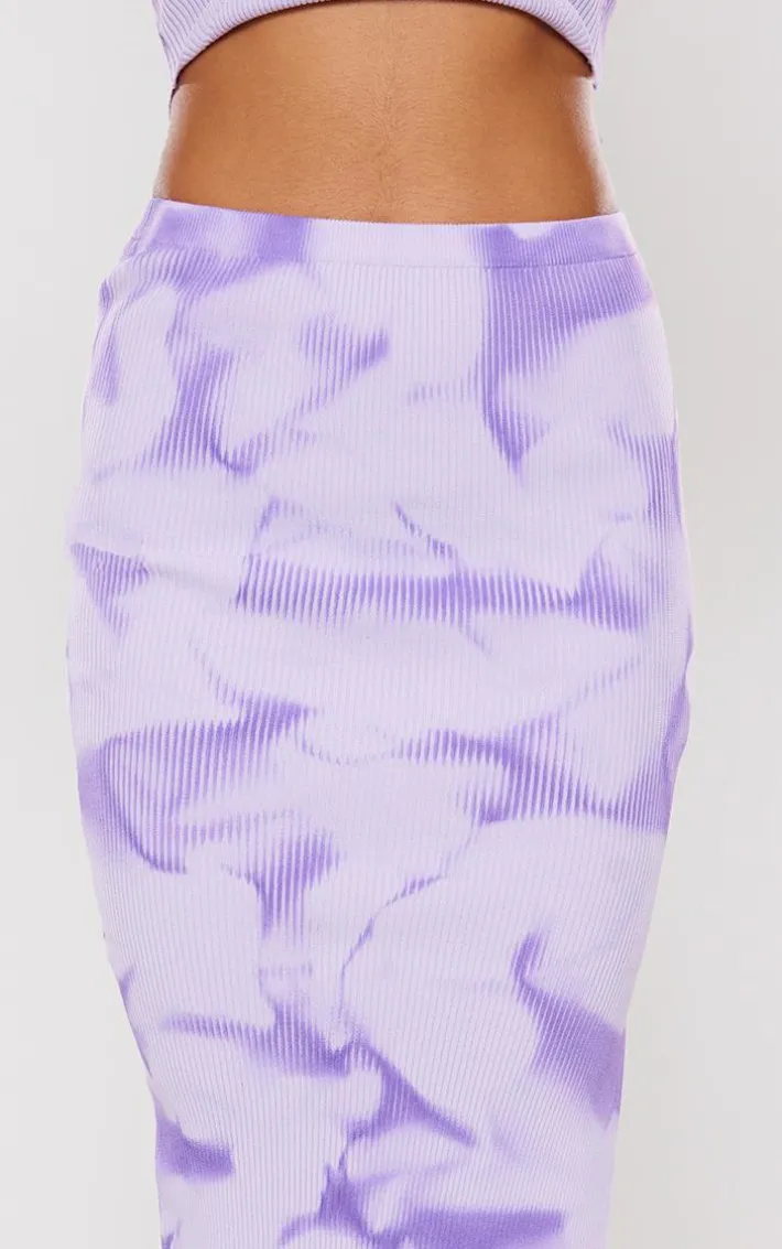 Purple Tie Dye Rib Knit Side Split Maxi Skirt