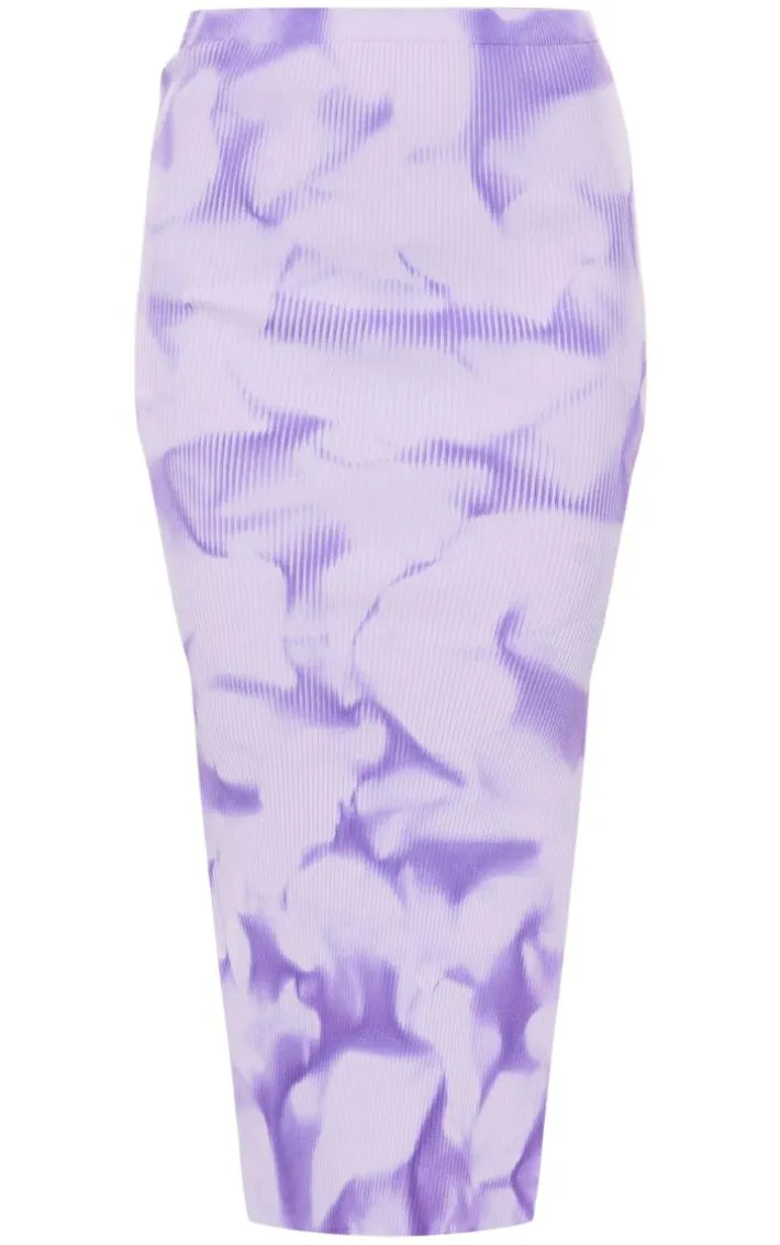 Purple Tie Dye Rib Knit Side Split Maxi Skirt