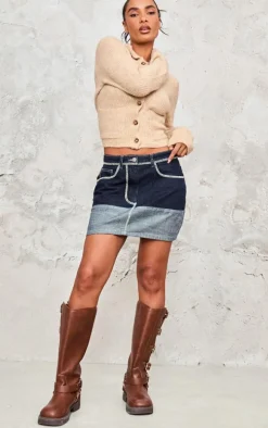 Raw Indigo Wash Contrast Stitch Contrast Panel Denim Mini Skirt