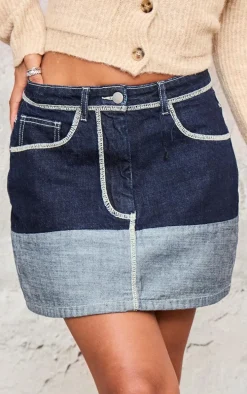 Raw Indigo Wash Contrast Stitch Contrast Panel Denim Mini Skirt