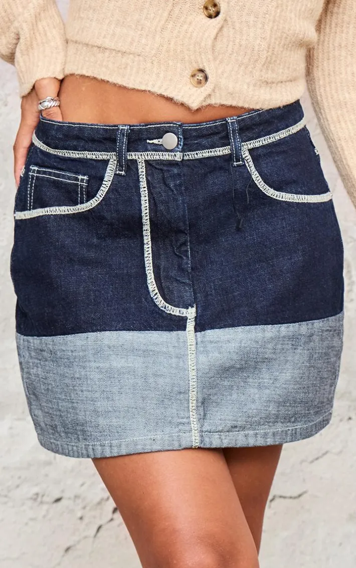 Raw Indigo Wash Contrast Stitch Contrast Panel Denim Mini Skirt