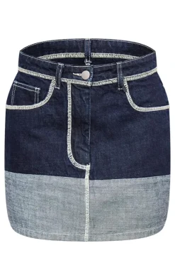 Raw Indigo Wash Contrast Stitch Contrast Panel Denim Mini Skirt