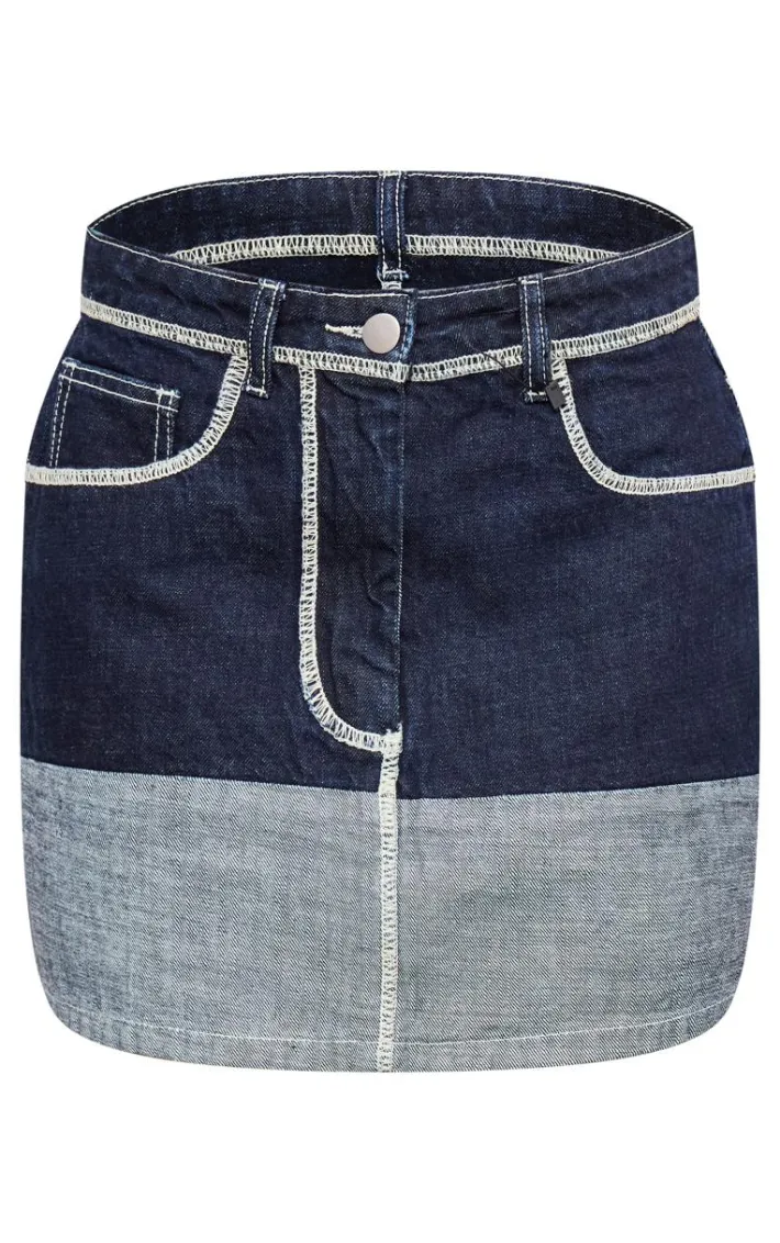 Raw Indigo Wash Contrast Stitch Contrast Panel Denim Mini Skirt