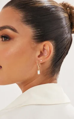 Real Gold Plated Paved Baguette Drop Hoop Earrings