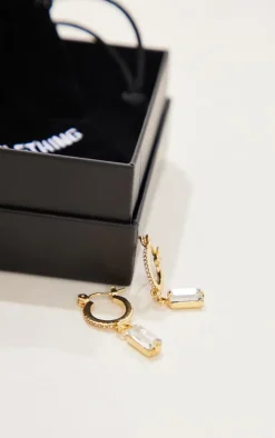Real Gold Plated Paved Baguette Drop Hoop Earrings