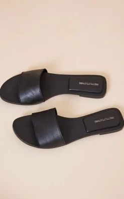 Real Leather Black Round Toe Basic Strap Mule Sandals