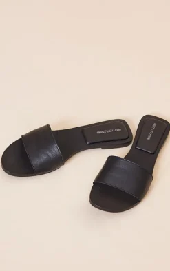 Real Leather Black Round Toe Basic Strap Mule Sandals