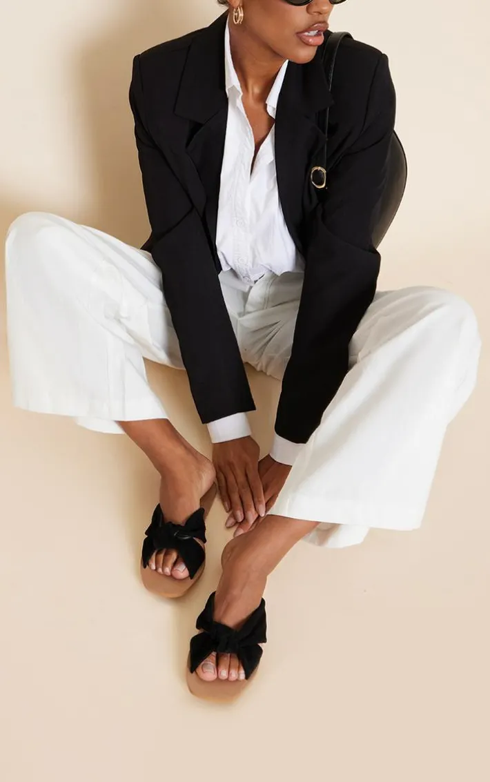 Real Leather Black Square Toe Twisted Knot Mule Sandals