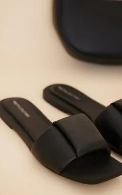 Real Leather Black Square Toe Quilted Strap Slides