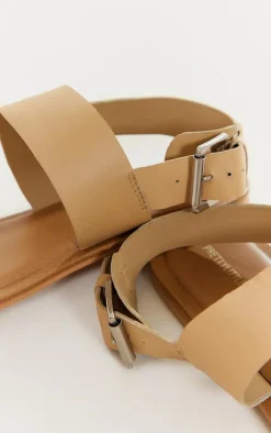 Real Leather Cream Wide Fit Thick Double Strap Buckle Fastening Flat Sandals