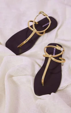 Real Leather Gold Square Toe Thong Barely There Strap Flat Sandals