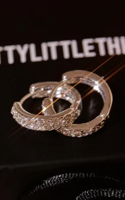 Real Silver Plated Double Diamante Row Hoop Earrings