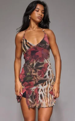 Red Abstract Floral Print Frill Shift Dress