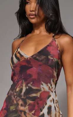 Red Abstract Floral Print Frill Shift Dress