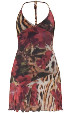 Red Abstract Floral Print Frill Shift Dress