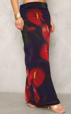 Red Abstract Flower Print Mesh Maxi Skirt