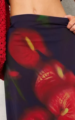 Red Abstract Flower Print Mesh Maxi Skirt