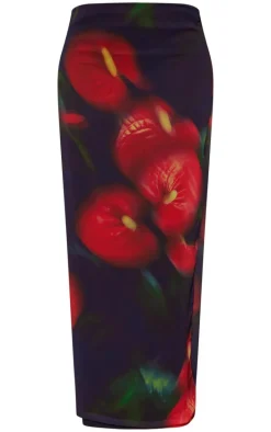 Red Abstract Flower Print Mesh Maxi Skirt