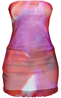 Red Abstract Mesh Lettuce Hem Bandeau Bodycon Dress
