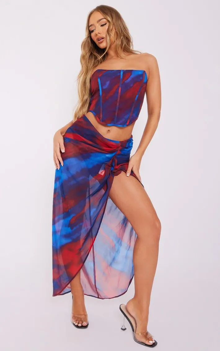 Red Abstract Print Chiffon Structured Bandeau Corset