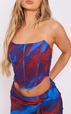 Red Abstract Print Chiffon Structured Bandeau Corset