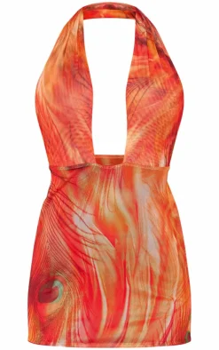 Red Abstract Print Mesh Backless Halterneck Bodycon Dress