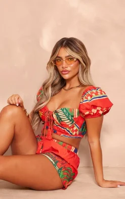 Red Abstract Print Woven Puff Sleeve Crop Top