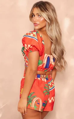 Red Abstract Print Woven Puff Sleeve Crop Top