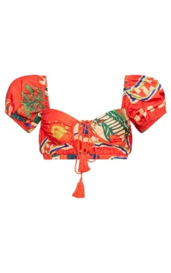 Red Abstract Print Woven Puff Sleeve Crop Top