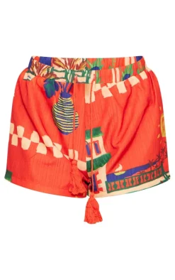 Red Abstract Print Woven Shorts