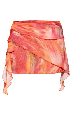 Red Abstract Printed Onion Skin Drape Mini Skirt