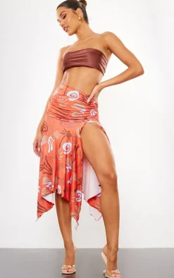 Red Abstract Swirl Soft Touch Ruched Asymmetric Midi Skirt