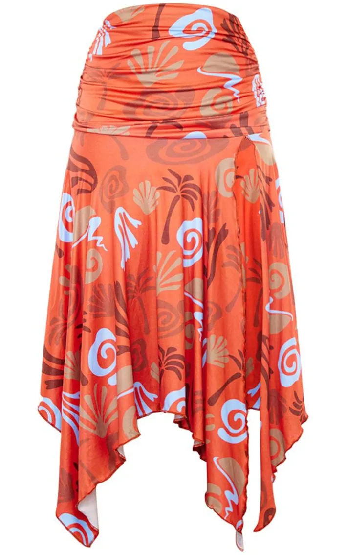 Red Abstract Swirl Soft Touch Ruched Asymmetric Midi Skirt