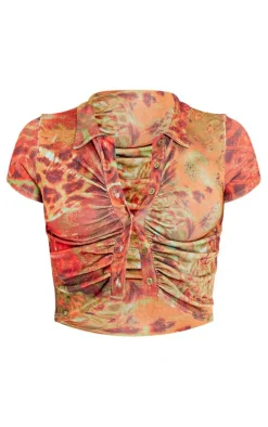 Red Acetate Slinky Ruched Front Short Sleeve Shirt