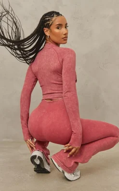 Red Acid Wash Seamless Zip Up Cropped Jacket