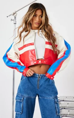 Red And White Contrast Panel Graphic Back Faux Leather Racer Jacket