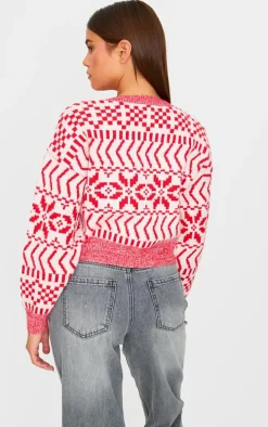 Red And White Fairisle Knit Button Up Christmas Cardigan