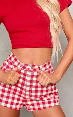 Red And White Gingham Denim Hot Pant
