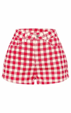 Red And White Gingham Denim Hot Pant