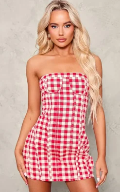 Red And White Gingham Denim Mini Dress