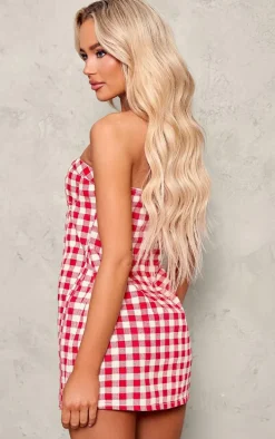 Red And White Gingham Denim Mini Dress