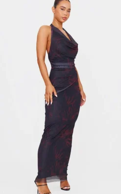 Red Animal Printed Mesh Cowl Neck Maxi Dress