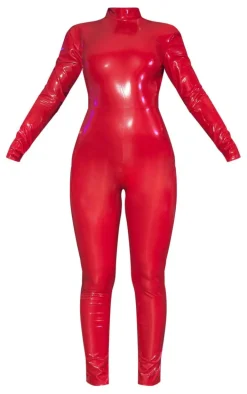 Red Backless Vinyl Long Sleeve Jumpsuit